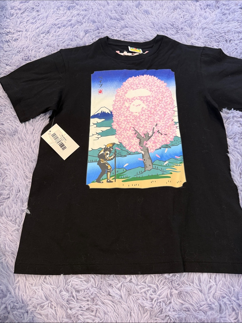 Bape Black Tee with Pink Cherry Blossom Tree Graphic